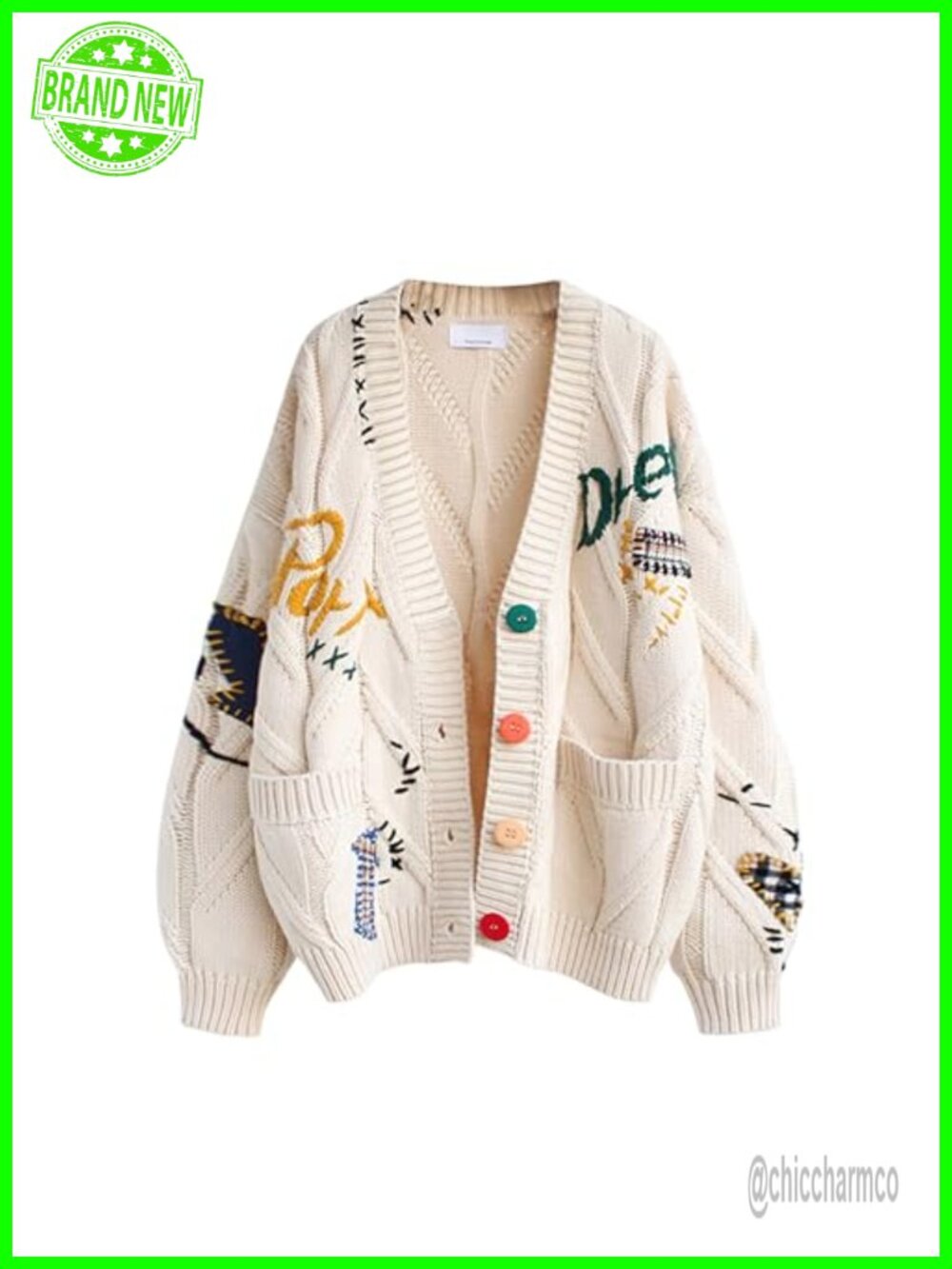 Wool Blend Cable Knit Open Front Cardigan V-Neck Button Down Embroidery